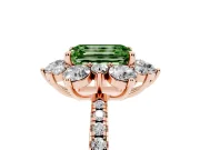 Fancy Green Emerald Cut Diamond Floral Halo Ring Set in Rose gold with Round Pavé Band and Prong Setting