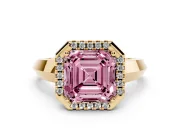 Fancy Pink Asscher Cut Diamond Halo Ring Set in Yellow gold with Cathedral Band and Prong Setting