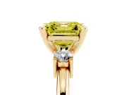 Fancy Yellow Three-Stone Asscher Cut Diamond Ring Set in Yellow gold with Prong Setting and Plain Band