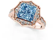Princess Cut Vintage Scalloped Halo Engagement Ring Setting for a Fancy Blue Lab-Grown Diamond | Pave Band | Rose Gold