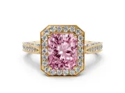 Radiant Cut Milgrain Halo Engagement Ring Setting for a Fancy Pink Lab-Grown Diamond | Side Stones | Yellow Gold