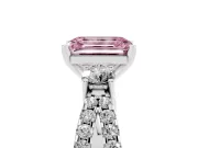 Fancy Pink Emerald Cut Diamond Three-Stone Ring Set in White gold with Pavé Split Shank and Prong Setting