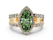 Fancy Green Marquise Cut Diamond Halo Ring Set in Yellow gold with Pavé Split Shank and Prong Setting