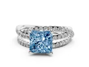 Fancy Blue Princess Cut Diamond Solitaire Twist Band Ring Set in Silver with Pavé Setting and Prong Head