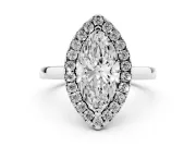 Marquise Cut Diamond Halo Solitaire Ring Set in Platinum with Pavé Band and Prong Setting
