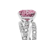 Fancy Pink Radiant Cut Diamond Solitaire Twist Band Ring Set in Platinum with Pavé Setting and Prong Head