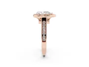 Pear Cut Diamond Halo Solitaire Ring Set in Rose gold with Pavé Band and Bezel Setting