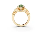 Fancy Green Marquise Cut Diamond Halo Ring Set in Yellow gold with Milgrain Pavé Band and Prong Setting