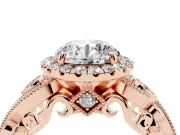 Round Cut Diamond Halo Ring Set in Rose gold with Milgrain Pavé Band and Prong Setting