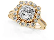 Cushion Cut Diamond Halo Milgrain Pavé Ring Set in Yellow gold with Prong Setting