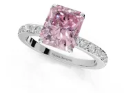 Radiant Cut Hidden Halo Engagement Ring Setting for a Fancy Pink Lab-Grown Diamond | Pavé Band | White Gold
