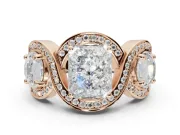 Radiant Cut Three Stone Halo Engagement Ring Setting | Pavé Wave Band | Rose Gold