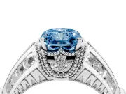 Fancy Blue Radiant Cut Diamond Vintage-Inspired Milgrain Ring Set in White gold with Accent Split Shank