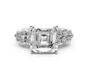 Asscher Cut Side Stone Engagement Ring Setting | Two-Row Shoulder Clusters | Platinum