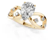 Pear Cut Diamond Solitaire Ring Set in Yellow gold with Side Stones on Criss-Cross Band and Prong Setting