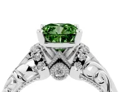 Fancy Green Cushion Cut Diamond Filigree Halo Engagement Ring Set in Platinum with Prong Setting
