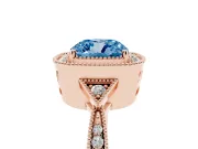 Fancy Blue Cushion Cut Diamond Halo Engagement Ring Set in Rose gold with Milgrain Pavé Band