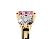 Oval Three Stone Engagement Ring Setting for a Fancy Pink Lab-Grown Diamond | Open Prong Baskets | Yellow Gold