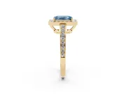 Fancy Blue Emerald Cut Diamond Halo Pavé Engagement Ring Set in Yellow gold with Bezel Setting