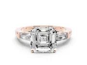 Asscher Cut Diamond Solitaire Ring Set in Rose gold with Tapered Baguette Side Stones and Prong Setting