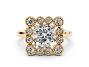 Cushion Cut Vintage Milgrain Bezel Cluster Halo Engagement Ring Setting | Plain Band | Yellow Gold