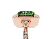Fancy Green Radiant Cut Diamond Halo Engagement Ring Set in Rose gold with Milgrain Pavé Band