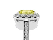 Fancy Yellow Emerald Cut Diamond Floral Halo Ring Set in Platinum with Pavé Band and Prong Setting
