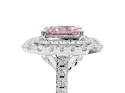 Fancy Pink Radiant Cut Lab-Grown Diamond Double Halo Statement Ring Set in Sterling Silver with Pavé Band