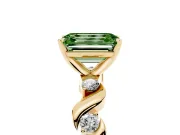 Fancy Green Emerald Cut Diamond Solitaire Ring Set in Yellow gold with Ribbon Twist Band, Round Accents and Prong Setting