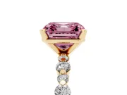 Fancy Pink Asscher Cut Diamond Prong Set Engagement Ring Set in Yellow gold with Round Accent Pavé Band