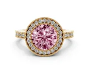Round Milgrain Halo Engagement Ring Setting for a Fancy Pink Lab-Grown Diamond | Pave Band | Yellow Gold