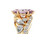 Fancy Pink Marquise Cut Diamond Halo Ring Set in Yellow gold with Marquise and Pavé Band in Prong Setting