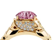 Fancy Pink Round Cut Diamond Leaf-Inspired Engagement Ring Set in Yellow gold with Round Accents