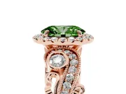 Fancy Green Oval Cut Diamond Halo Ring Set in Rose gold with Milgrain Pavé Band and Prong Setting
