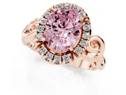 Fancy Pink Oval Cut Diamond Halo Ring Set in Rose gold with Scrollwork Band and Prong Setting