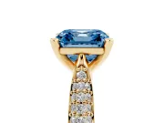 Fancy Blue Asscher Cut Diamond Solitaire Engagement Ring Set in Yellow gold with Multi-Row Round Pavé Band and Prong Setting