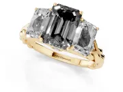 Fancy Black Emerald Cut Diamond Three-Stone Ring Set in Yellow gold with Braided Band