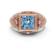 Fancy Blue Princess Cut Diamond Bezel Ring Set in Rose gold with Milgrain Accent Band