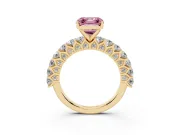 Fancy Pink Asscher Cut Diamond Solitaire Ring Set in Yellow gold with Shared Prong Pavé Band