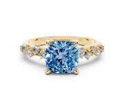 Fancy Blue Cushion Cut Diamond Solitaire Vine Band Ring Set in Yellow gold with Round Accents and Prong Setting