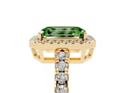 Fancy Green Emerald Cut Diamond Halo Ring Set in Yellow gold with Delicate Pavé Band and Prong Setting
