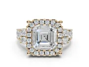 Asscher Cut Halo Side Cluster Engagement Ring Setting | Graduated Channel Band | Yellow Gold