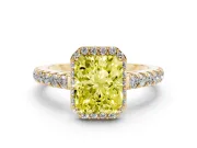 Fancy Yellow Radiant Cut Diamond Halo Engagement Ring Set in Yellow gold with Pavé Band and Prong Setting