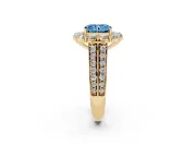 Fancy Blue Radiant Cut Diamond Halo Engagement Ring Set in Yellow gold with Split Shank and Prong Setting