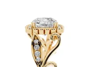 Cushion Cut Vintage Leaf Halo Engagement Ring Setting | Graduated Vine Shank | Yellow Gold