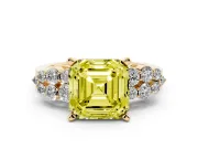 Asscher Cut Side Stone Engagement Ring Setting for a Fancy Yellow Lab-Grown Diamond | Shoulder Clusters | Yellow Gold