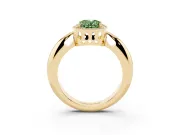 Fancy Green Oval Cut Diamond Halo Engagement Ring Set in Yellow gold with Plain Split Shank and Prong Setting
