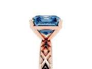 Fancy Blue Asscher Cut Diamond Solitaire Ring Set in Rose gold with Milgrain and Black Enamel X Pattern Band