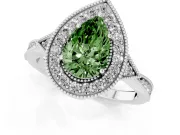 Fancy Green Pear Cut Diamond Halo Engagement Ring Set in White gold with Milgrain Pavé Band