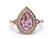 Fancy Pink Pear Cut Diamond Halo Engagement Ring Set in Rose gold with Milgrain Pavé Band